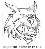 Poster, Art Print Of Mono Line Head Of A Canada Lynx Bobcat Biting An American Football