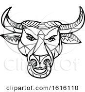 Poster, Art Print Of Black And White Mosaic Low Polygon Texas Longhorn Bull With Nose Ring