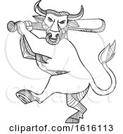 Poster, Art Print Of Mono Line Texas Longhorn Bull Batting