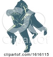 Clipart Of A Scratchboard Style Judoka Throwing An Opponent In Judo Combat Royalty Free Vector Illustration