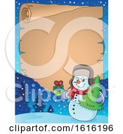 Clipart Of A Border Of A Christmas Snowman Carrying A Tree And Present Royalty Free Vector Illustration
