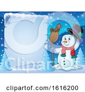 Poster, Art Print Of Border Of A Snowman Tipping His Hat And Standing With A Bird On A Broom