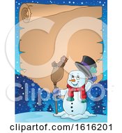 Clipart Of A Border Of A Snowman Tipping His Hat And Standing With A Bird On A Broom Royalty Free Vector Illustration