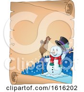 Poster, Art Print Of Border Of A Snowman Tipping His Hat And Standing With A Bird On A Broom