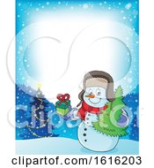 Poster, Art Print Of Border Of A Christmas Snowman Carrying A Tree And Present
