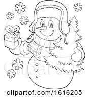 Poster, Art Print Of Lineart Christmas Snowman Carrying A Tree And Present
