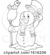 Poster, Art Print Of Lineart Snowman Tipping His Hat And Standing With A Bird On A Broom