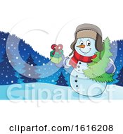 Poster, Art Print Of Christmas Snowman Carrying A Tree And Gift