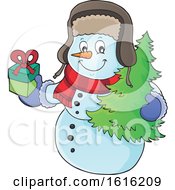 Clipart Of A Christmas Snowman Carrying A Tree And Present Royalty Free Vector Illustration