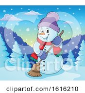 Clipart Of A Happy Snowman Sweeping Royalty Free Vector Illustration