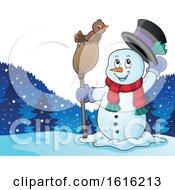 Poster, Art Print Of Snowman Tipping His Hat And Standing With A Bird On A Broom