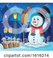 Clipart Of A Snowman Tipping His Hat And Standing With A Bird On A Broom Royalty Free Vector Illustration