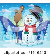 Poster, Art Print Of Snowman Tipping His Hat And Standing With A Bird On A Broom