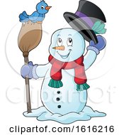 Poster, Art Print Of Snowman Tipping His Hat And Standing With A Blue Bird On A Broom