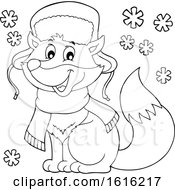 Clipart Of A Lineart Cute Fox Wearing A Winter Hat And Scarf Royalty Free Vector Illustration