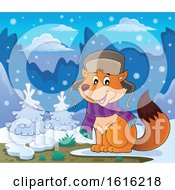 Poster, Art Print Of Cute Fox Wearing A Winter Hat And Scarf In The Snow