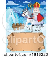 Clipart Of A Horseback Saint Nicholas Over A Scroll Royalty Free Vector Illustration