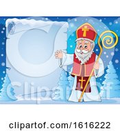 Clipart Of A Parchment Scroll And Waving Saint Nicholas Royalty Free Vector Illustration
