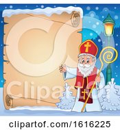 Clipart Of A Parchment Scroll And Waving Saint Nicholas Royalty Free Vector Illustration