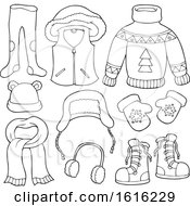 Clipart Of Lineart Winter Clothes And Accessories Royalty Free Vector Illustration by visekart