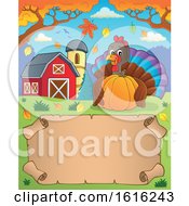 Poster, Art Print Of Scroll With A Turkey Holding A Pumpkin In A Barnyard