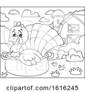 Clipart Of A Black And White Turkey Bird In A Pot Royalty Free Vector Illustration