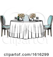 Poster, Art Print Of Retro Table With Flowers And A Wedding Cake