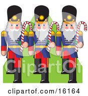Three Toy Soldiers Marching Down A Green Carpet And Carrying Candycanes Clipart Illustration Image by Maria Bell