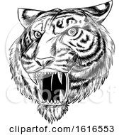 Poster, Art Print Of Roaring Angry Tiger Mascot Face Hand Drawn Black And White