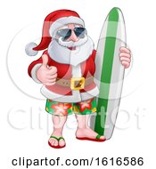 Christmas Santa Claus Wearing Sunglasses And Holding A Surf Board