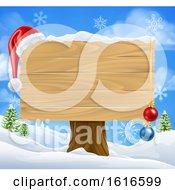 Blank Christmas Sign With A Santa Hat In The Snow by AtStockIllustration
