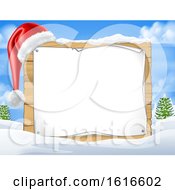 Blank Christmas Sign With A Santa Hat In The Snow