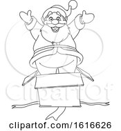 Clipart Of A Black And White Santa Popping Out Of A Surprise Box Royalty Free Vector Illustration
