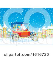 Poster, Art Print Of Santa Driving A Convertible Antique Car In The Snow