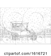 Clipart Of Santa Driving A Convertible Antique Car In The Snow Royalty Free Vector Illustration