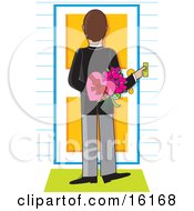 Thoughtful And Romantic Man Pushing A Doorbell And Holding Flowers And Valentines Day Chocolates Behind His Back While Waiting For His Lovely Woman To Answer The Door