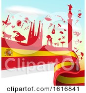 Poster, Art Print Of Spanish Flag And Tourism Silhouettes Background