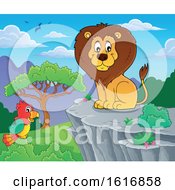 Poster, Art Print Of Sitting Male Lion On A Cliff