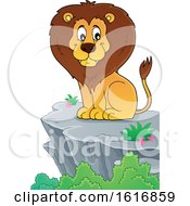 Poster, Art Print Of Sitting Male Lion On A Cliff