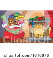 Poster, Art Print Of Christmas Sack Of Gifts And Toys By A Fireplace