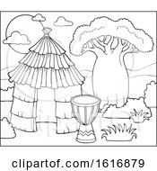 Clipart Of A Black And White African Hut And Drum Royalty Free Vector Illustration by visekart