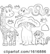 Clipart Of A Black And White Monkey Snake And Giraffe Royalty Free Vector Illustration