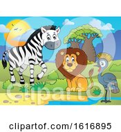Clipart Of A Lion Zebra And Grey Crowned Crane Royalty Free Vector Illustration