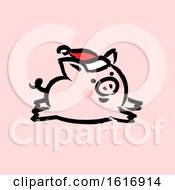 Poster, Art Print Of Running Christmas Pig Wearing A Santa Hat On Pink