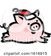 Poster, Art Print Of Running Christmas Pig Wearing A Santa Hat