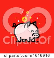 Poster, Art Print Of Pig With Asian Wealth Coins On Red