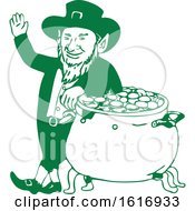 Poster, Art Print Of Green Leprechaun Standing By Pot Of Gold Drawing