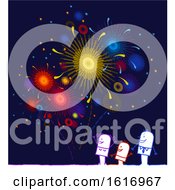 Clipart Of A Stick Family Watching Fireworks Royalty Free Vector Illustration