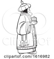 Clipart Of A Grayscale Wise Man Holding A Gift Royalty Free Vector Illustration