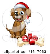 Poster, Art Print Of Pet Dog In Christmas Santa Claus Hat And Gift Bone